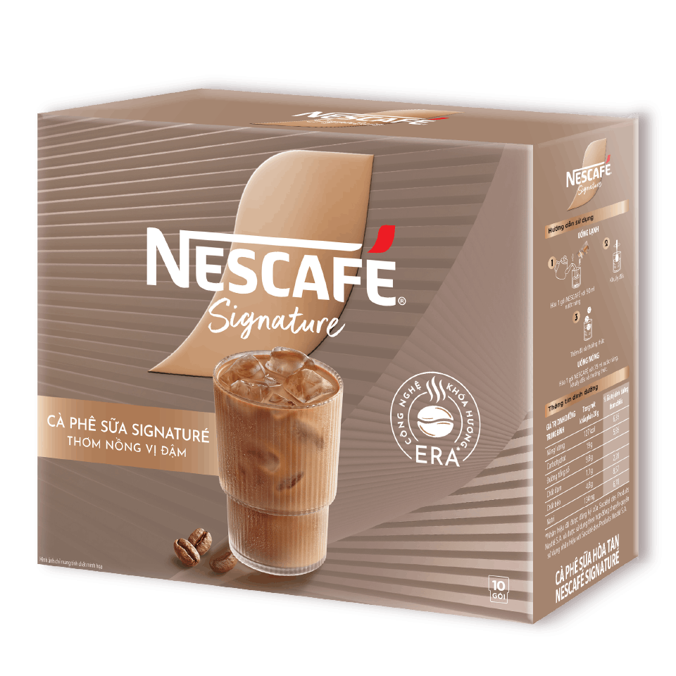 Hộp cà phê sữa NESCAFÉ Signature, mặt trước góc phải