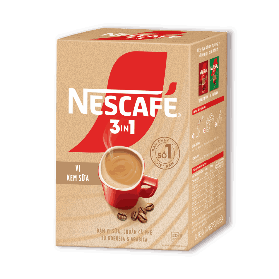 Hộp NESCAFÉ 3in1 Vị Kem Sữa, mặt trước góc phải