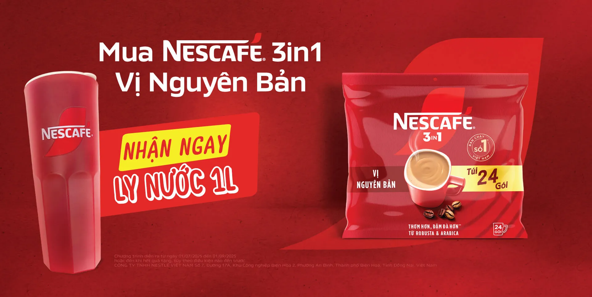 Chương trình khuyến mại tặng kèm quà Bình nước 1L cho sản phẩm NESCAFÉ Bịch 24 Vị Nguyên Bản