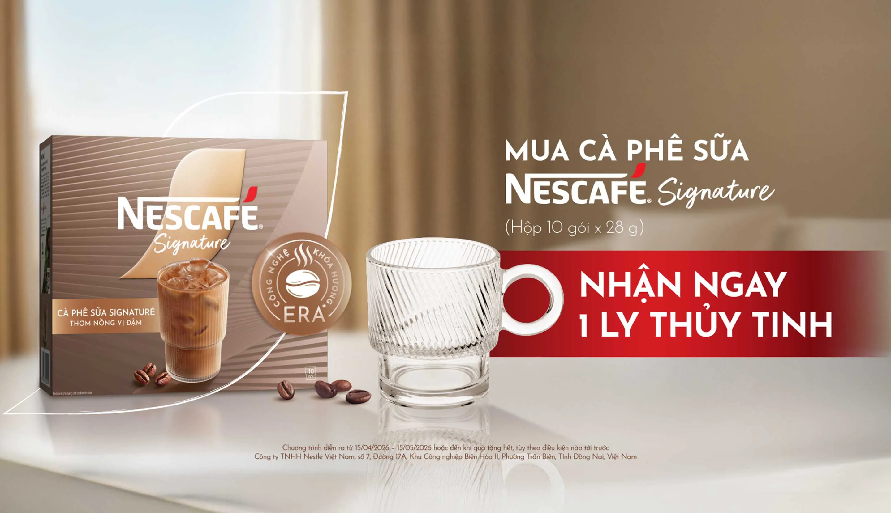 Chương trình khuyến mãi sản phẩm Cà phê sữa hòa tan NESCAFÉ Signaturé 280 g (10 gói x 28 g)/ hộp tặng Ly thủy tinh