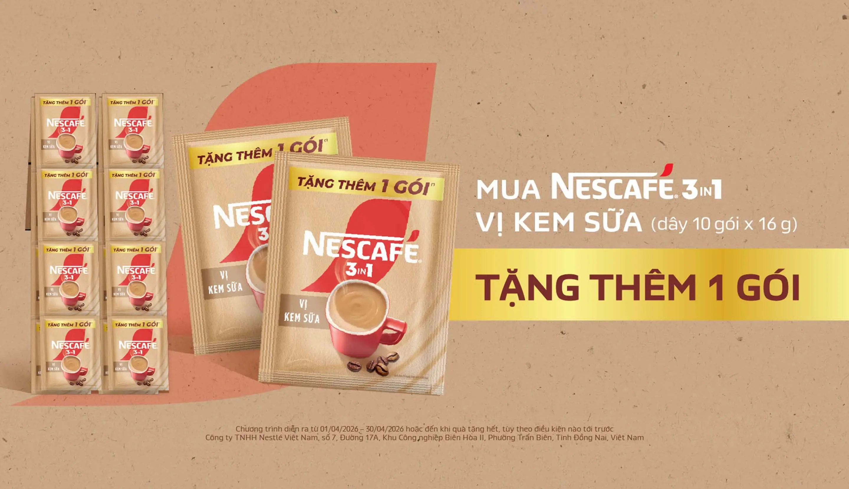 Chương trình khuyến mãi sản phẩm Cà phê hòa tan NESCAFÉ 3IN1 Vị kem sữa 160 g (10 gói x 16 g)/ dây tặng 1 gói đính kèm.