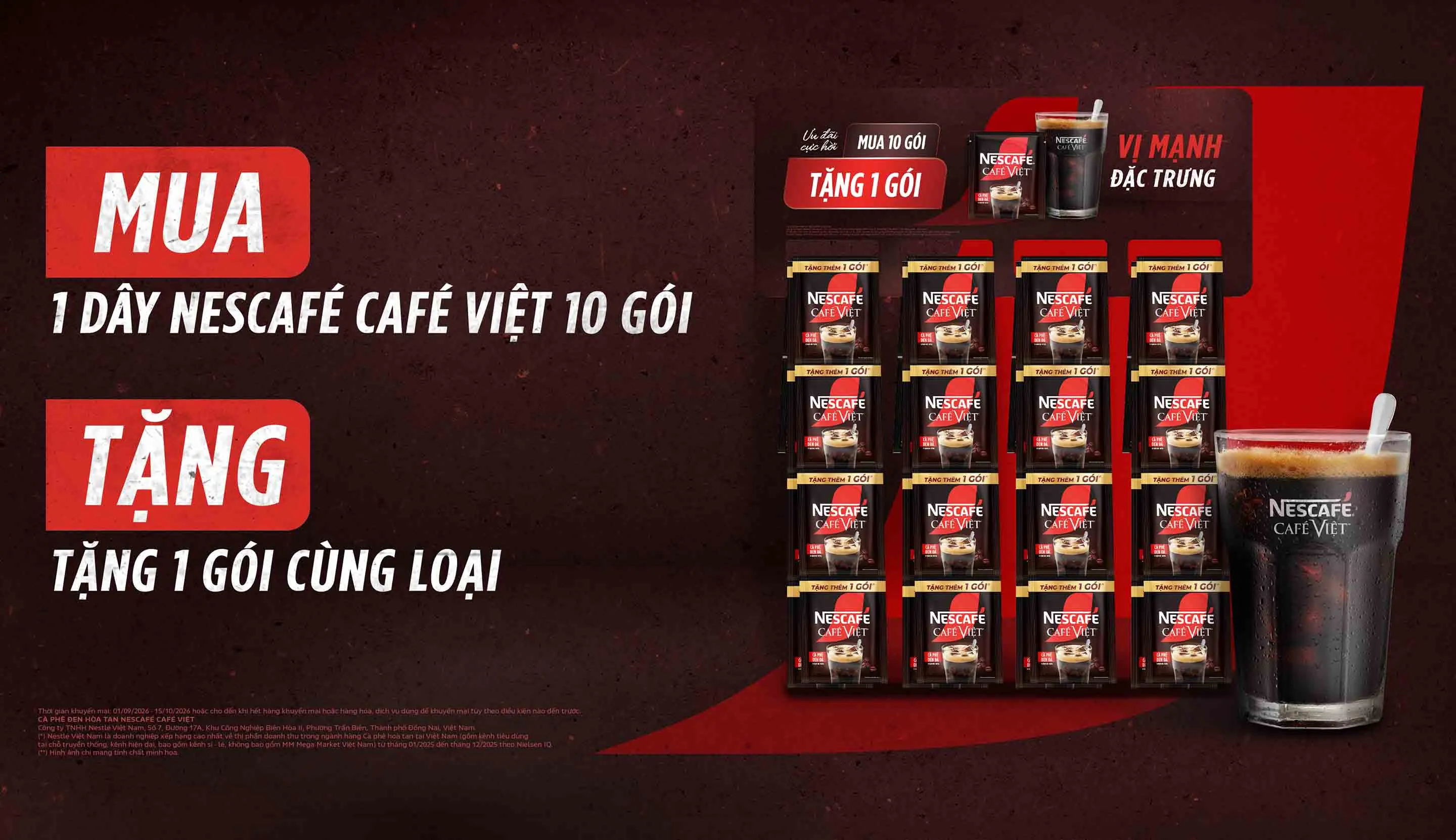 Mua 1 dây Cà phê đen hòa tan NESCAFÉ Café Việt 10 gói được tặng thêm 1 gói