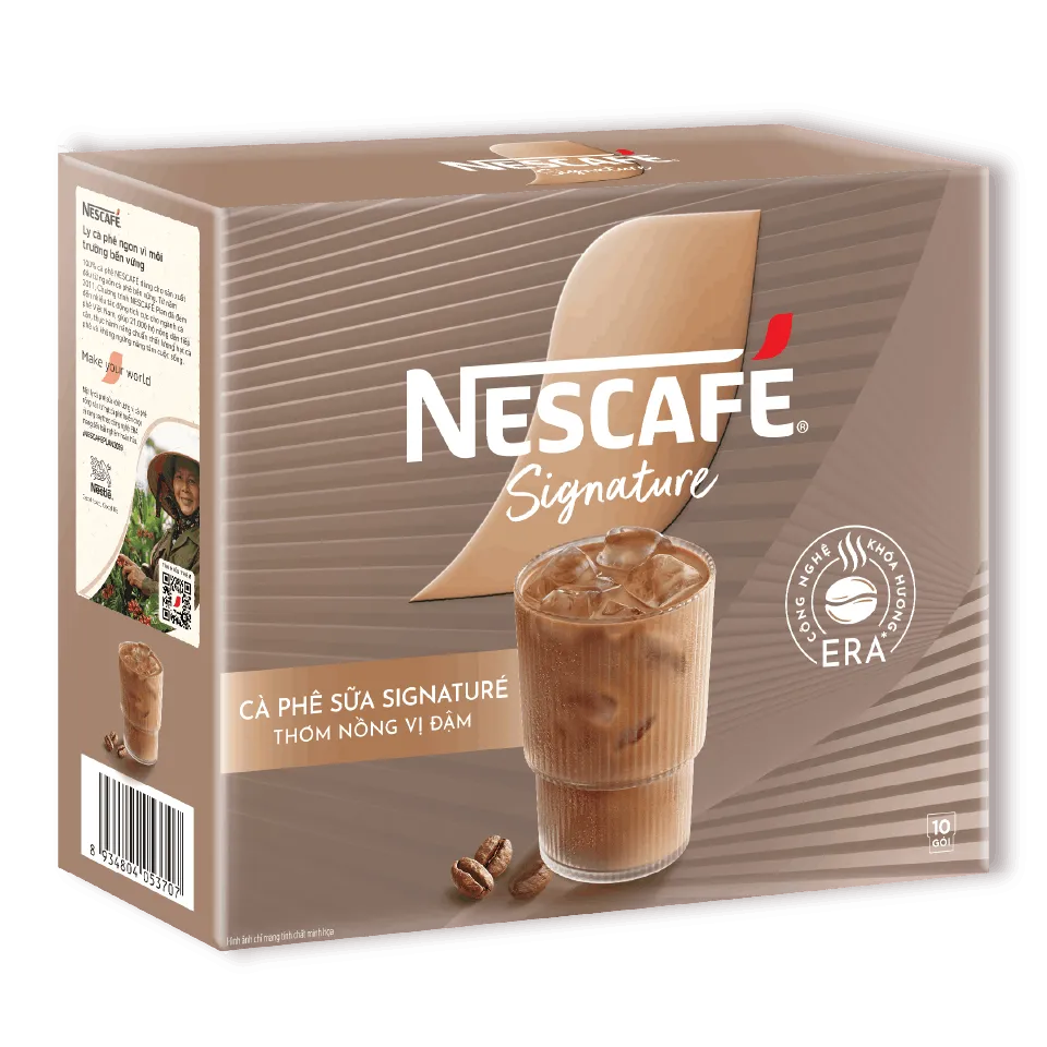 Hộp cà phê sữa NESCAFÉ Signature, mặt trước góc trái​
